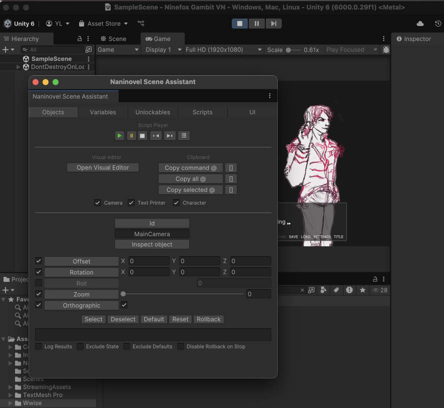 Ninefox VN WIP screenshot - Unity with Naninovel, now with Naninovel Scene Assistant